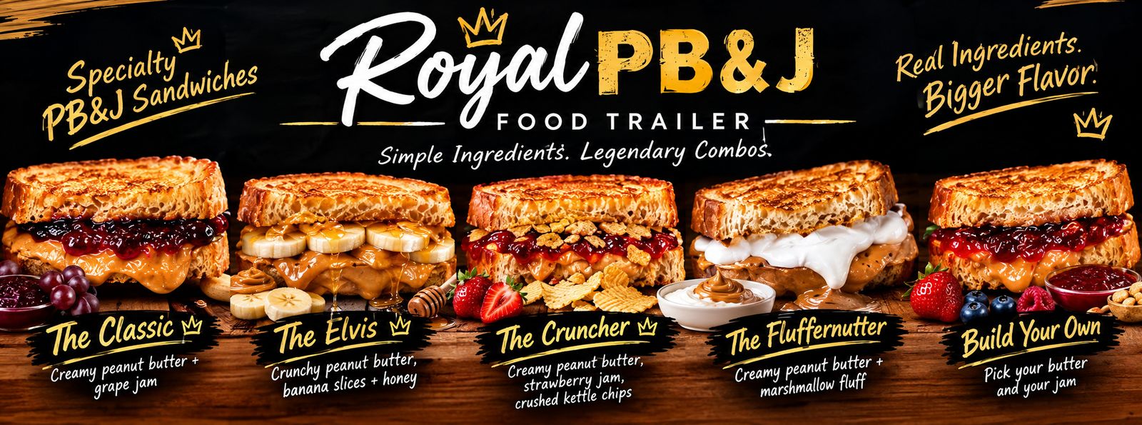Royal PB&J Food Trailer: specialty PB&J sandwiches. The Classic, The Elvis, The Cruncher, The Fluffernutter, and Build Your Own.